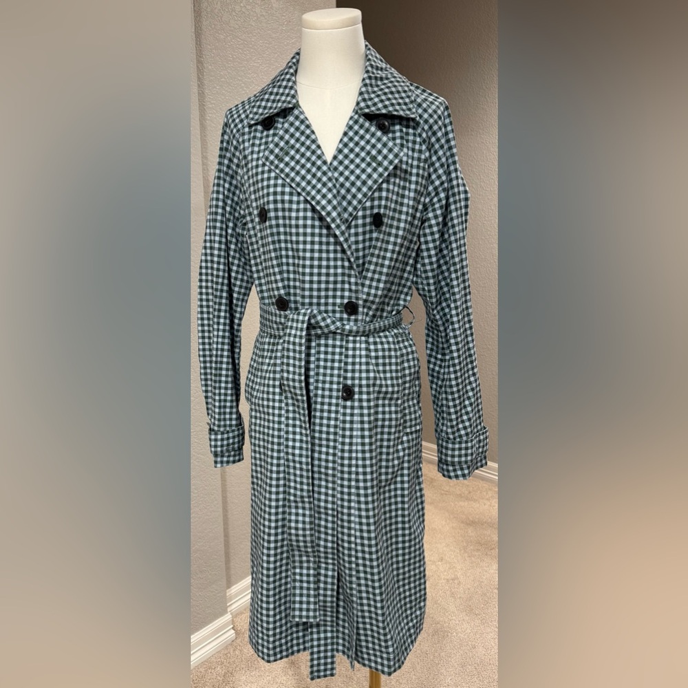 NWOT Free Assembly Plaid Blue & Green Checkered Gingham Everyday Trench Coat - Picture 5 of 16